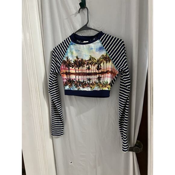 Sperry Navy White Stripped Tropical Print Cropped Rash Guard Sz S - Picture 1 of 5
